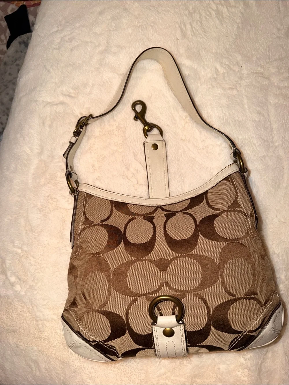 Coach Monogram Shoulder Bag in Brown and White Leather Trim